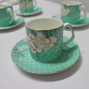 Green Flower Coffee Cups Set with Custom-Painted Designs