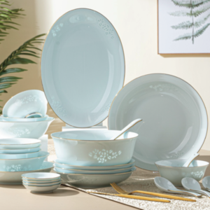Bluish white porcelain dinnerware set with exquisite cutting peony pattern