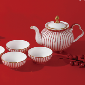 Red Gold Stripe Tea set with 4 cups