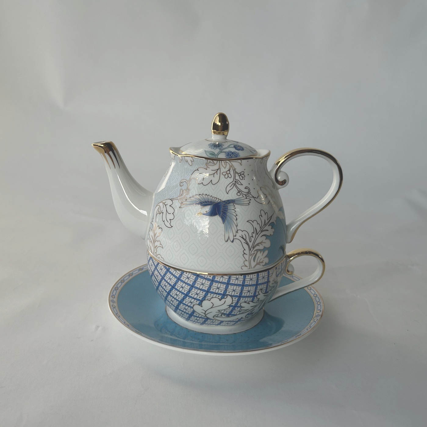 Blue Bird Ceramic Teapot Cup and Saucer 1 Set of 3 Items